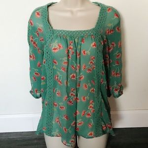 LC Lauren Conrad green floral boho blouse